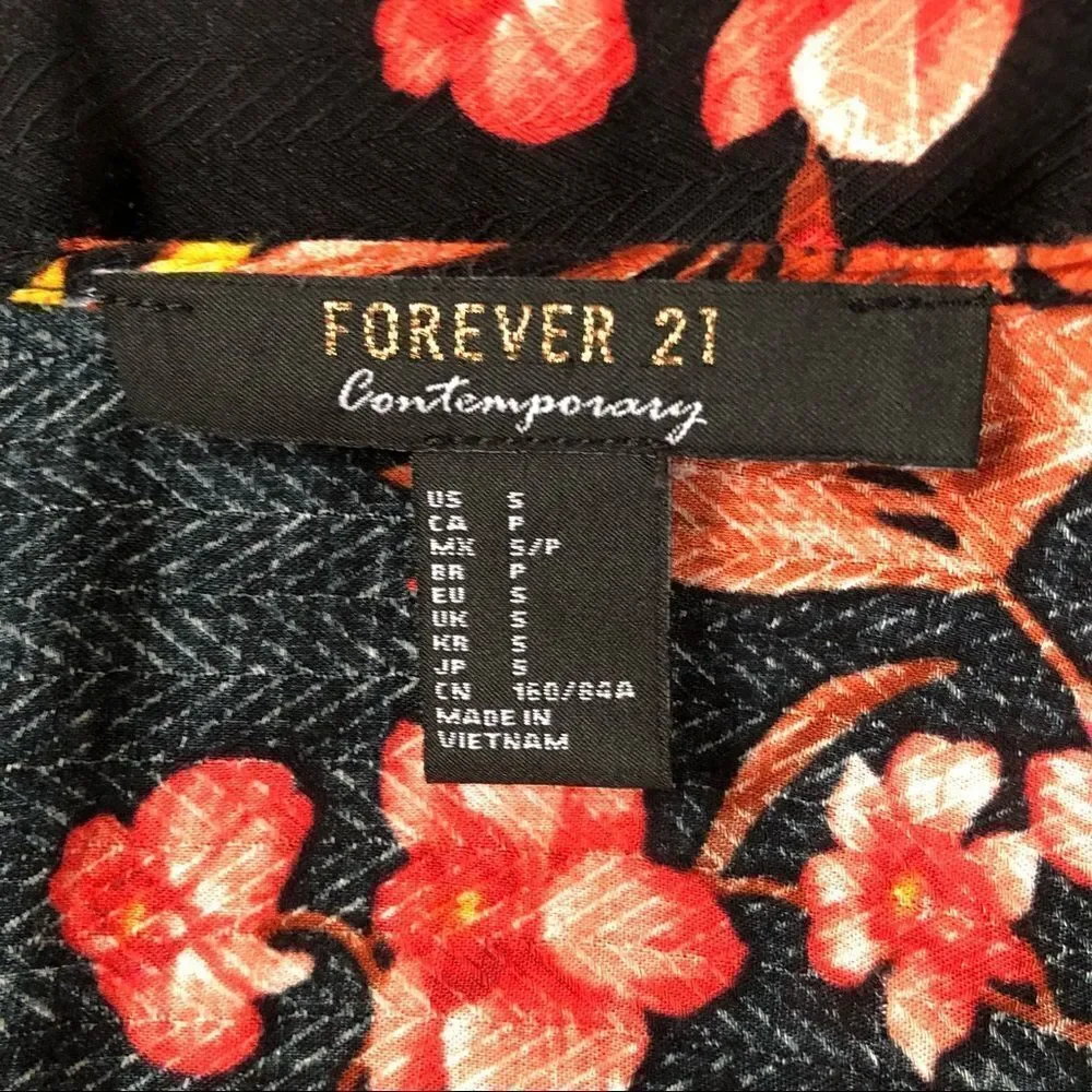 Forever 21 Black Tropical Bird Leaf Print Kimono Cover Up Size Small - Picture 4 of 5